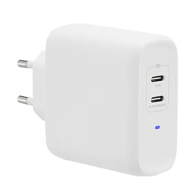 Image de Chargeur USB-C de base avec 2 ports, 63W, technologie GaN, pour ordinateurs portables, tablettes, etc
