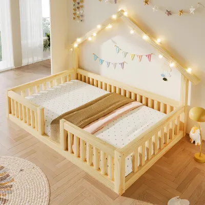 Produktbild von Flieks Kinderbett 90x200cm mit Led, Hausbett mit Dach, Bodenbett Spielbett mit Rausfallschutz, Holzbett Einzelbett ohne Lattenrost, Naturbelassen