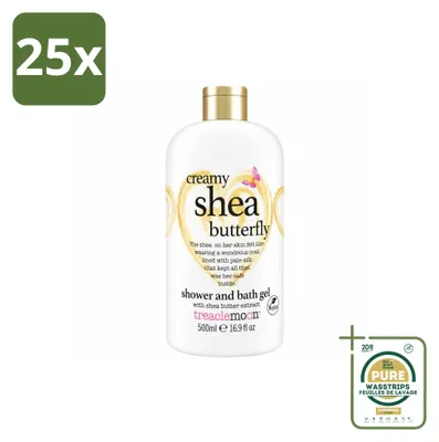 Imagen del producto de 25 unidades de gel limpiador y gel de ducha Creamy Shea Butterfly de Treaclemoon, formato de 500 ml. Paquete de suministro