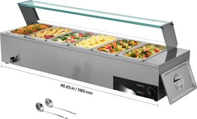 Produktbild von Kommerzieller Speisenwärmer 6x1/3 Größe, 1,5 kW Edelstahl Wärmebehälter - Elektrischer Speisenwärmer mit Glasabdeckung & Suppenkelle - Chafing Dishes - Für Catering, Restaurant, Party.