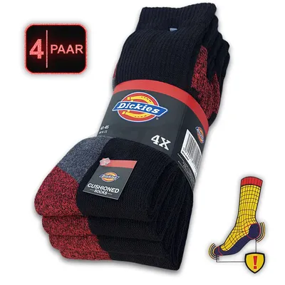 A bundle of four pairs of black and red Dickies cushioned socks, with a graphic illustration of a foot showing cushioning.