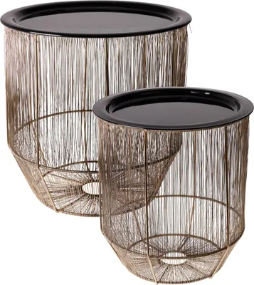 Produktbild von H&S Decoration | Beistelltisch - Couchtisch mit Korb - 2er Set - Rund - Tisch mit integriertem Korb - Schwarz Gold