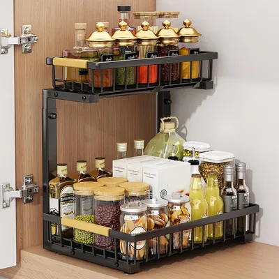 Image de Organisateur de cuisine 2 étages sous l'évier Étagère Organisateur d'armoire Étagère coulissante pour évier Étagère à épices noire