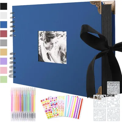 Produktbild von Fotoalbum zum Selbstgestalten, Scrapbook 80 Schwarze Seiten, DIY Geschenk Set Blau 30 x 21 cm