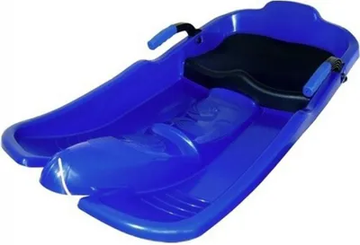 A blue plastic sled with a black seat is shown against a white background.