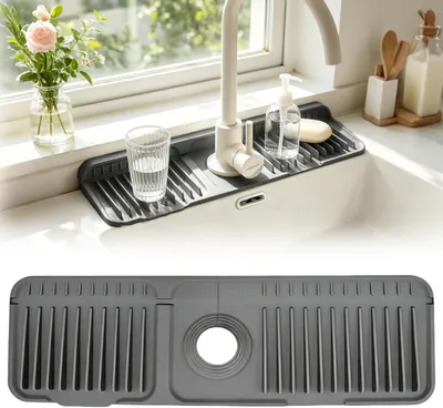 Produktbild von Silikonmatte als Wasserfänger für die Küchenspüle, 90° faltbar, zuschneidbar und geneigt, rutschfeste Spritzschutzmatte für Spüle, Küche, Badezimmer und Arbeitsplatten (Dunkelgrau)