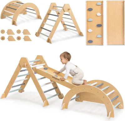 Image de Grande aire de jeux Montessori en bois pour la maison - Triangle Pikler, arche à grimper, toboggan à 2 côtés & mur d'escalade | Mamabrum