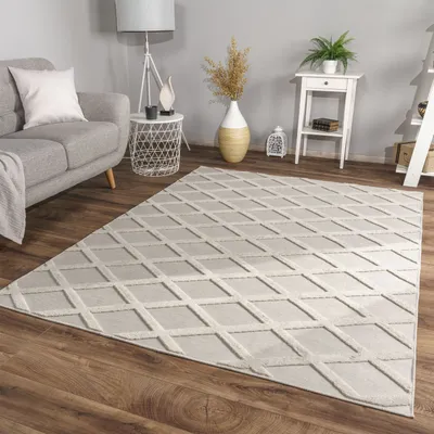 Produktbild von TT Home Wohnzimmer Teppich Esszimmer Kurzflor Skandi Design Rauten Deko 3D Weich Größe 60x100 cm
