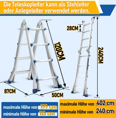 Produktbild von Jopassy Mehrzweckleiter 4x4 Alu Multifunktionsleiter Teleskopleiter 402cm Silber bis 150kg