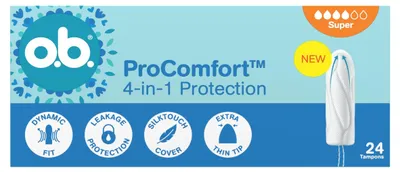 Immagine prodotto di Tamponi O.B. ProComfort Super, confezione da 24 pezzi - Protezione 4 in 1