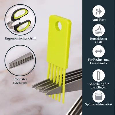 Kräuterschere Mit 5 Klingen – Edelstahl, Inkl. Reinigungskamm & Schutzhülle, Für Küche & Kräuter
