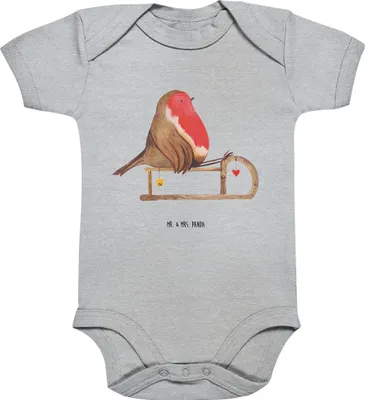Produktbild von Mr. & Mrs. Panda Strampler Baby Rotkehlchen Schlitten 1. - 3. Monat - Heather Grey - Geschenk, Babybody, Weihnachten, Babystrampler, strampelanzug, Vogel, Einteiler