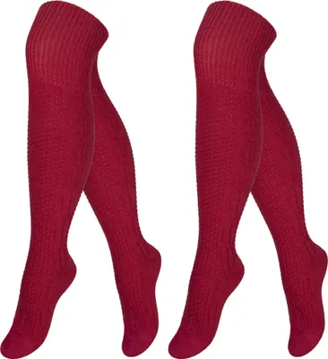Produktbild von 2 Paar Trachten Kniestrümpfe Damen Herren lang mit Muster ideal zum Wandern - Rot - 39/42