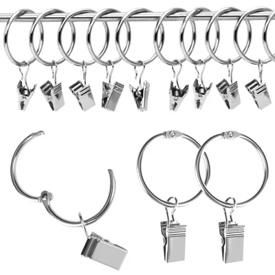 Produktbild von 25 Metall-Gardinenringe mit Clips, Aufhängeringe für Fenster, Türen und Duschvorhänge, 33 mm Innendurchmesser (silber)