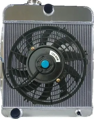 Productafbeelding van Aluminiumradiator met ventilator, kernafmetingen 18" x 19,6" x 2,2", totale afmetingen 22,5" x 25,2" x 5,6", inlaatdiameter 1,77", uitlaatdiameter 1,77", 3 rijen