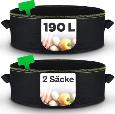 Image de Sac à plantes surélevé Grand 2x 190L en non-tissé - Avec fiches pour plantes à étiqueter - Ø90cm Hauteur 30cm Noir