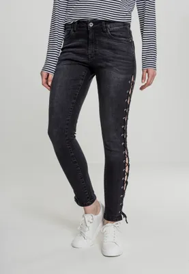 Produktbild von Urban Classics Damen Hose Ladies Denim Lace Up Skinny Pants Black Washed-28