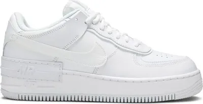 A studio shot of a white Nike Air Force 1 Shadow sneaker.