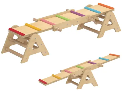 Obrázok produktu pre Drevená hojdačka-balančná doska 2 v 1 pre deti – na vnútorné aj vonkajšie použitie | Farba: Hnedá | Rozmery: 38 x 133 x 24 cm