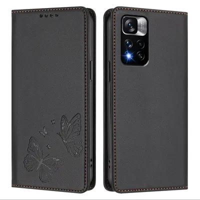 Obrázek produktu pro Kožené pouzdro pro Xiaomi Redmi Note 11 Pro+ 5G, motýlí ražbou, peněženkové flip pouzdro se stojánkem Černá