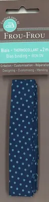Productafbeelding van Strijkbaar schuin lint, blauw met stippen, 20x2 meter