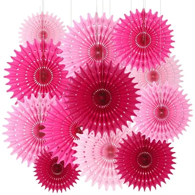 Image de Ensemble de 12 éventails en papier roses, décorations de pompons en papier, guirlande de fleurs en papier, décorations pour fêtes, anniversaires d'enfants, mariages et fêtes pour bébés