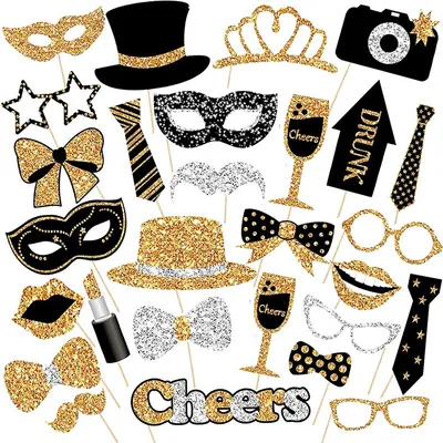 Produktbild von 30 Stück Foto Requisiten, Booth Dekorationen,Fotobox Accessoires für Karneval, Hochzeit, Halloween, Weihnachtsparty,Party Zubehör,Tischdeko Geburtstag,Silvester Foto Requisiten, Gold