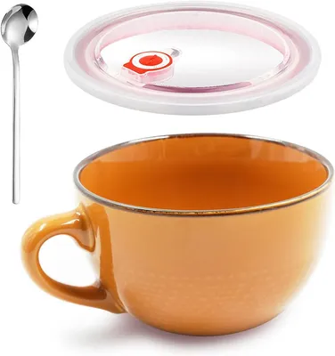 Produktbild von Große Tasse Keramik,700ml Müslischalen(Orange)Kaffeebecher mit Henkel,Salat Schale,Teetasse Mit Deckel und Löffel,Porzellan Tasse für Geschenk