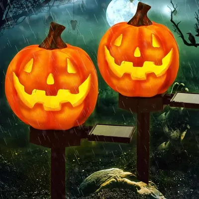 Produktbild von 2 Stück Halloween Solar Outdoor Dekorationen Kürbis Licht Wasserdicht Kürbis Stake Patio Lampen Outdoor Halloween Dekor für Garten Balkon Hof Rasen Weg Gehweg Haus Party Dekoration