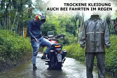 Produktbild von 2-teiliger Regenanzug, Hose mit Gummibund, Jacke mit Reißverschluss und Kapuze, Schwarz mit Reflektor-Streifen, S - XL , Größe:S