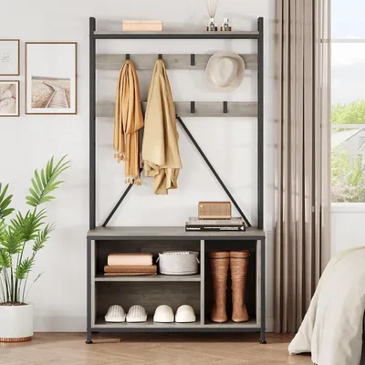 Produktbild von Garderobe mit Sitzbank 5-in-1, 17 Haken, Schuhregal und Schubladen, Grau