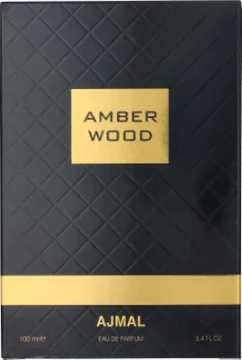 A black and gold box for Ajmal Amber Wood Eau de Parfum.
