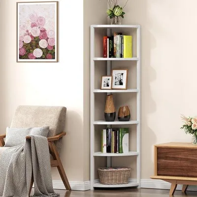 Image de Étagère murale Unyqoos® – Étagère gain de place avec 6 étagères, de couleur blanche, en panneaux de particules et avec une structure métallique, capacité de charge de 15 kg par étagère, idéale pour le salon et le bureau
