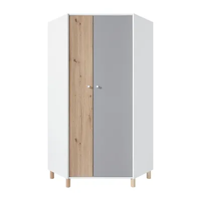 Produktbild von Eckschrank FIGO 90x190 cm Kleiderschrank mit 2 Türen & Kleiderstange & 5 Einlegeböden, Bunt - Weiß/Eiche Artisan/Grau
