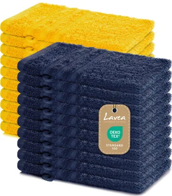 Zdjęcie produktu dla Zestaw 20 ręczników kąpielowych Lavea® Elena, 100% bawełna frotte, ręczniki chłonne i miękkie, do ciała i twarzy, 60 °C, można suszyć w suszarce, granatowe i żółte, 15 x 21 cm