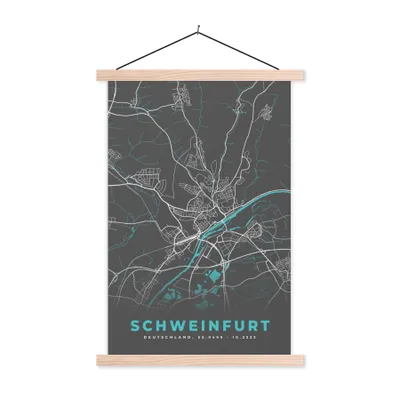 Produktbild von MuchoWow® Textilposter Karte - Stadtplan - Schweinfurt - Deutschland - Blau 120x180 cm mit holzfarbenen Rahmen - Textil-Plakat