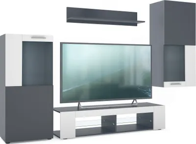 Produktbild von Vladon Wohnwand Stream, Anbauwand bestehend aus 1 TV-Board, 2 Vitrinen und 1 Regal, Anthrazit matt/Weiß matt (Gesamt: 305,5 x 190 x 38,5 cm)
