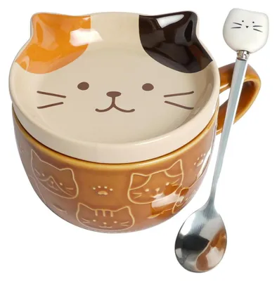 Produktbild von Keramiktasse mit Deckel und Löffel 300ml Braun Katzenmotiv