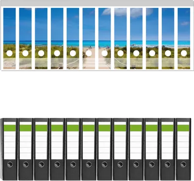 Produktbild von Wallario 12 Stück breite Ordner inkl. Klebeetiketten mit Motive Sandweg zum blauen Meer mit blauem Himmel -  Set mit Rückenschildern / Ordnerrücken Stickern