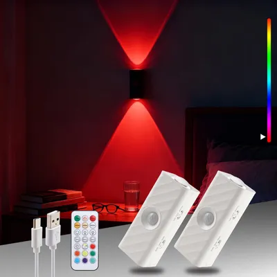 Productafbeelding van RGB wandlamp met bewegingssensor - Draadloos - Oplaadbaar - Dimbaar - 10 kleuren - USB-C, magnetisch - Wandlamp