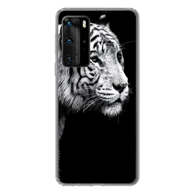 Produktbild von MuchoWow® Handyhülle Schutzhülle Hülle für Huawei P40 Pro Studioaufnahme eines weißen Tigers auf schwarzem Hintergrund Silikon Softcase Handy Hülle - Schutz
