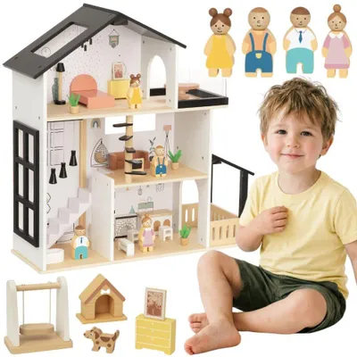 Zdjęcie produktu dla Drewniany domek dla lalek Tooky Toy, 25 elementów