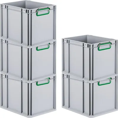 Produktbild von SparSet 5x Eurobox NextGen Color | HxBxT 32x30x40cm | 30 Liter | Griffe grün geschlossen | Glatter Boden | Grau | Eurobehälter, Transportbox, Transportbehälter, Stapelbehälter