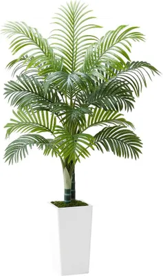 Image de Palmier Areca artificiel, 1,52 m, plante tropicale en soie dans un pot blanc haut, arbre artificiel décoratif pour vérandas, salons, terrasses, maison, bureau