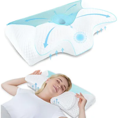 Productafbeelding van Orthopedisch kussen, traagschuim, neksteunkussen voor de cervicale wervelkolom, 60x35x8/12 cm, blauw