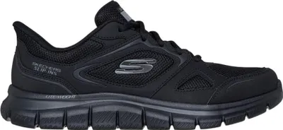 A side view of a single black Skechers sneaker.