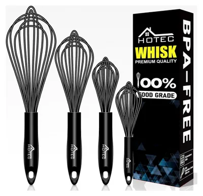 Produktbild von Schneebesen Set, 4 Stück Silikon-Rührbesen aus Edelstahl, Küchenutensilien zum Mischen, Rühren und Schlagen, Schwarz