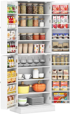 A white pantry cabinet filled with various food items and kitchenware.