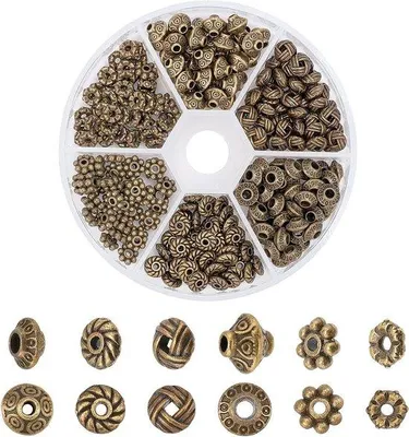 Immagine prodotto di Set fai da te per braccialetti - 295 perline in metallo color bronzo anticato - stile tibetano - forme varie - perline da 1-2 mm.