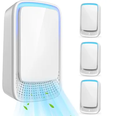 A product image showing multiple air purifiers with blue light accents and a demonstration of air flow with leaves.